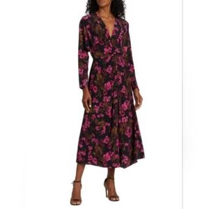 Elie Tahari Azalea Print Midi Dress Silk Knotted Womens Size Large Dolman Sleeve